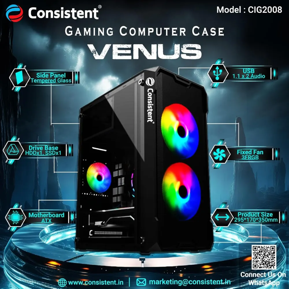 Consistent Mid Tower Gaming Cabinet (Micro-ATX / Mini-ITX) Venus CIG2008 Black view 3